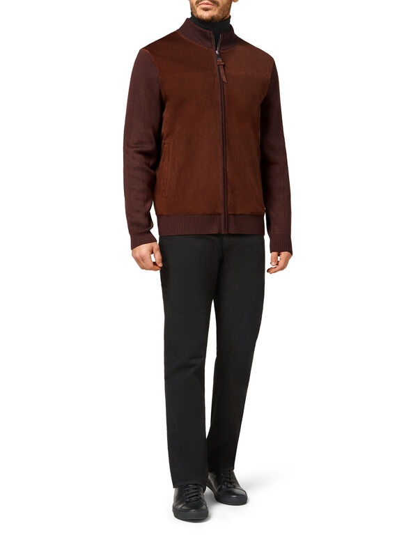 Merino wool Pullover full zip with suede Double B