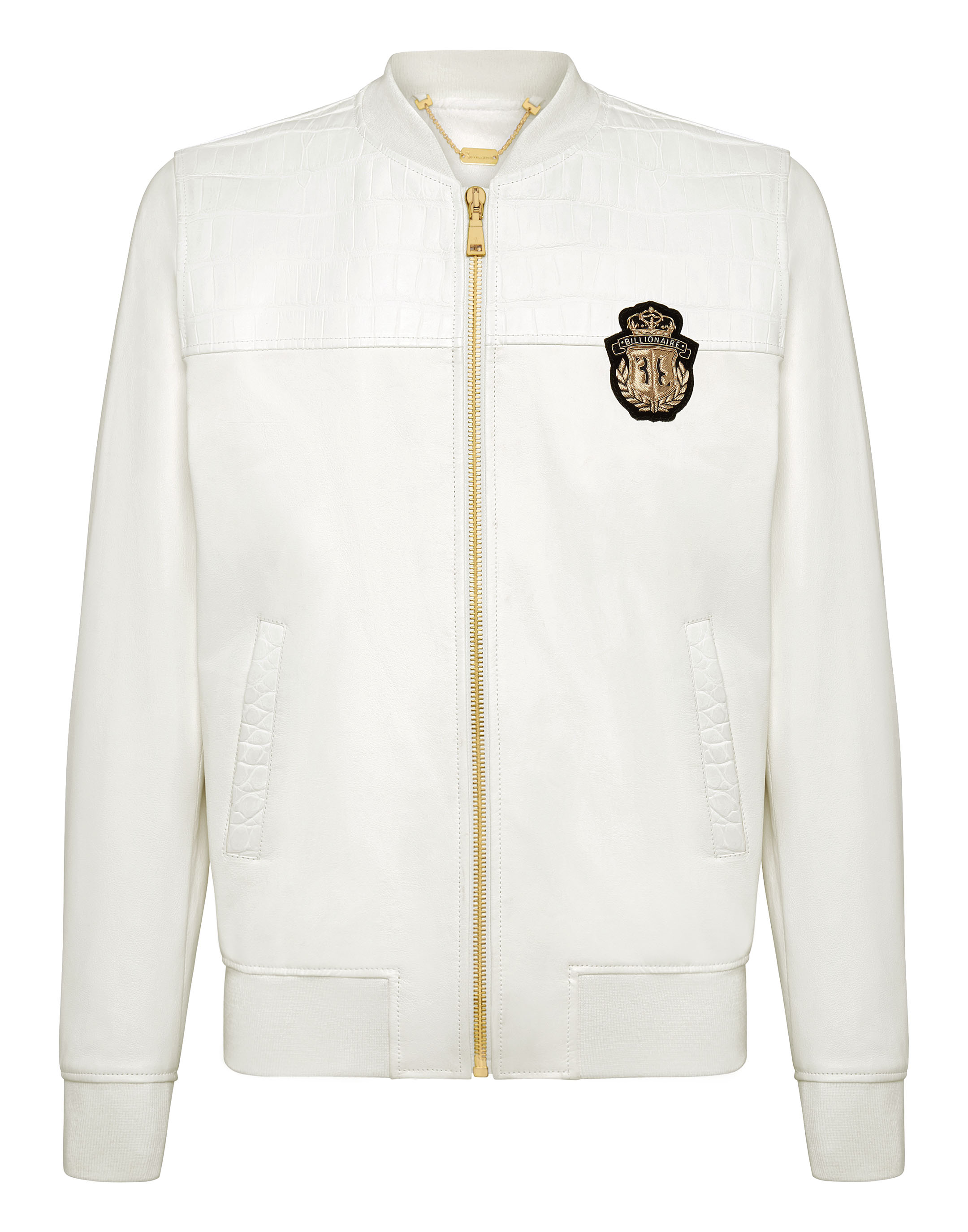 Unisex Faux Leather Bomber/Tour Jacket - Embroidered White Buzzer